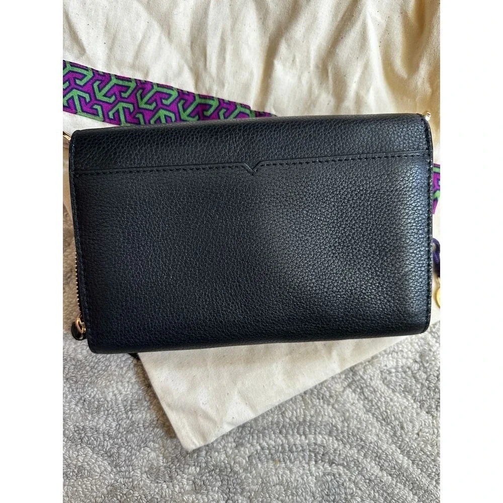 Tory Burch Miller Wallet Crossbody Bag Black Pebbled Leather Gold Hardware Logo
